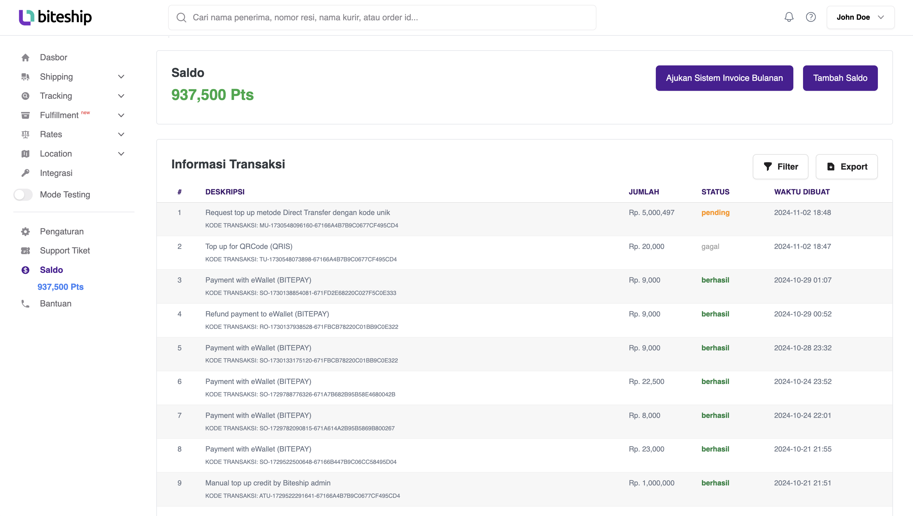 Status pending top up saldo Biteship
