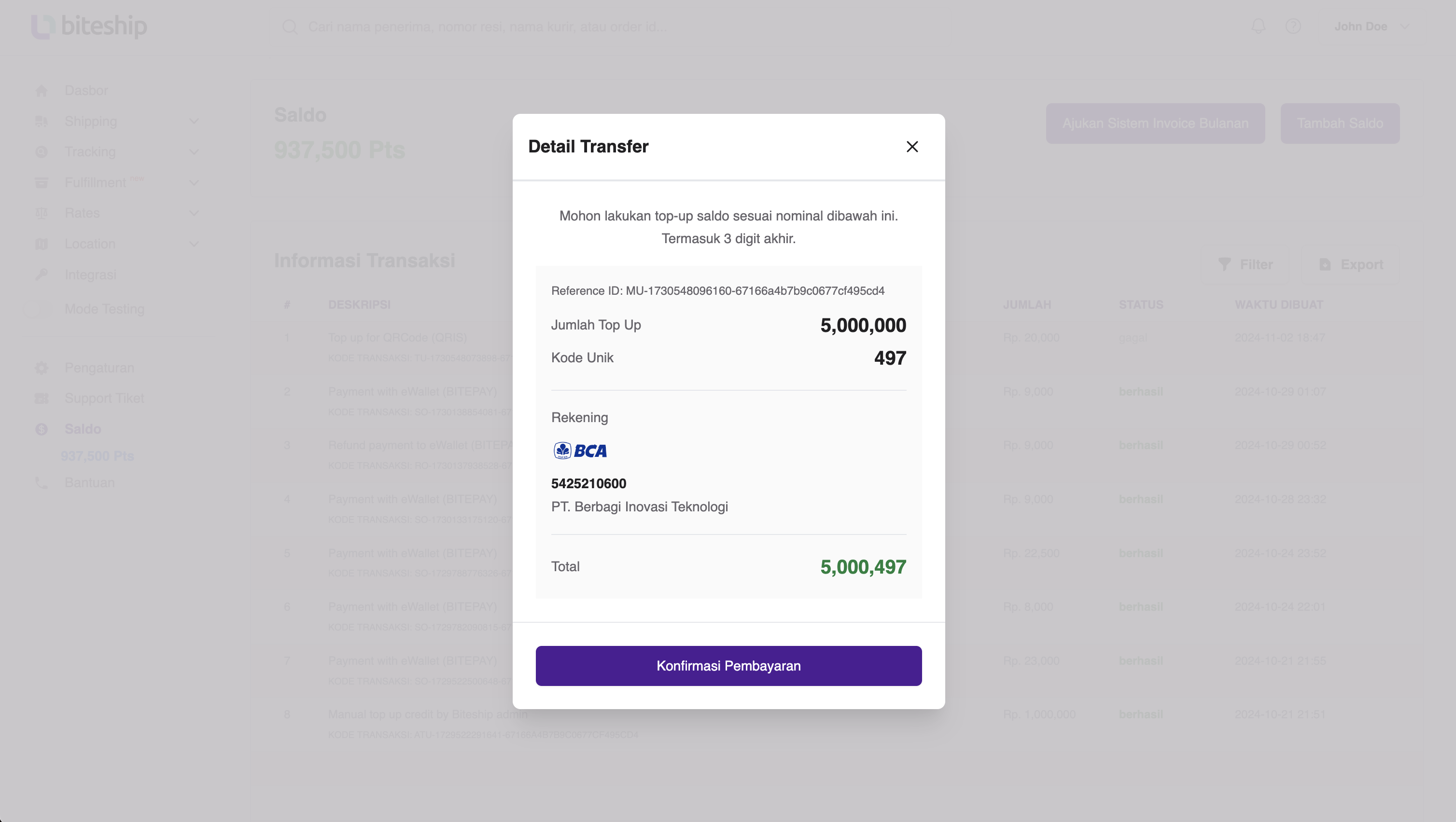 Transfer bank top up saldo Biteship
