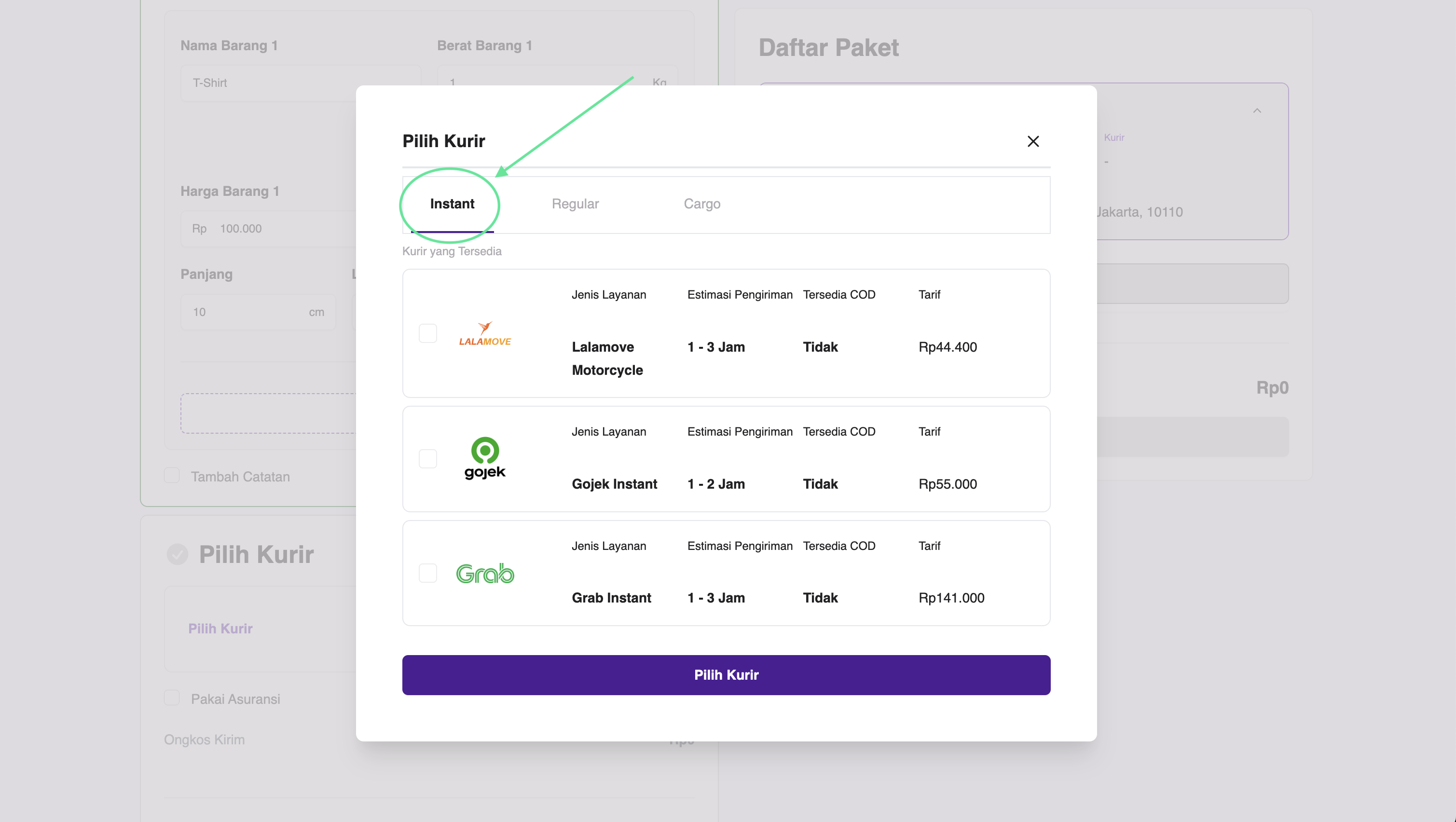 Pilihan kurir instant delivery di Biteship