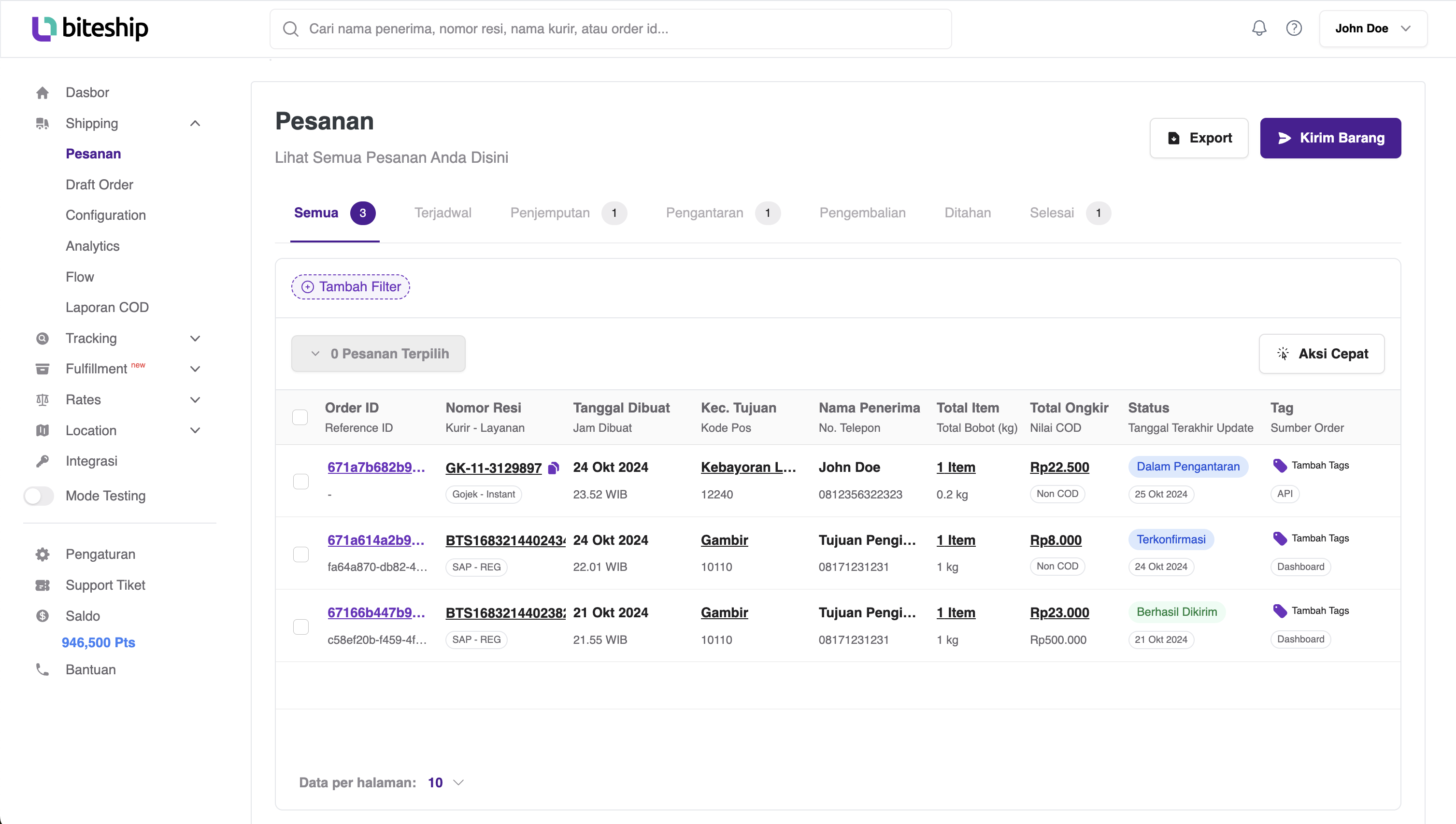 Menu shipping di dashboard Biteship