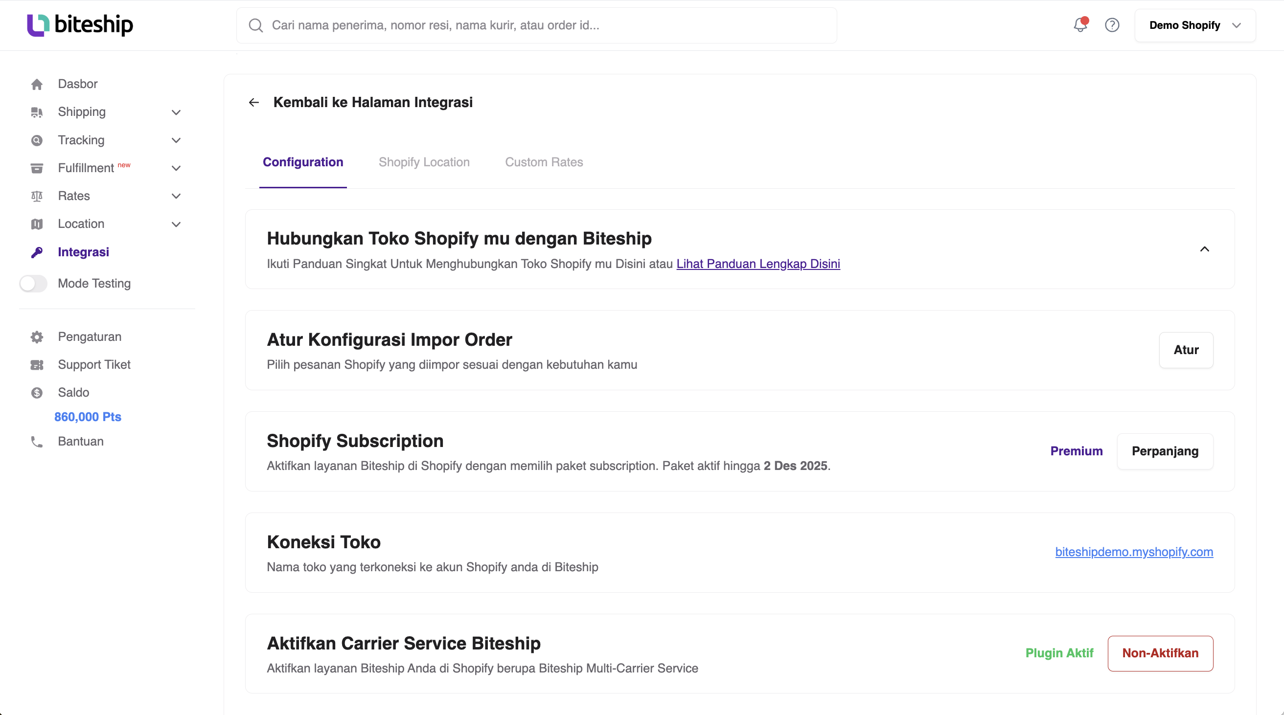Halaman Integrasi Shopify di Biteship