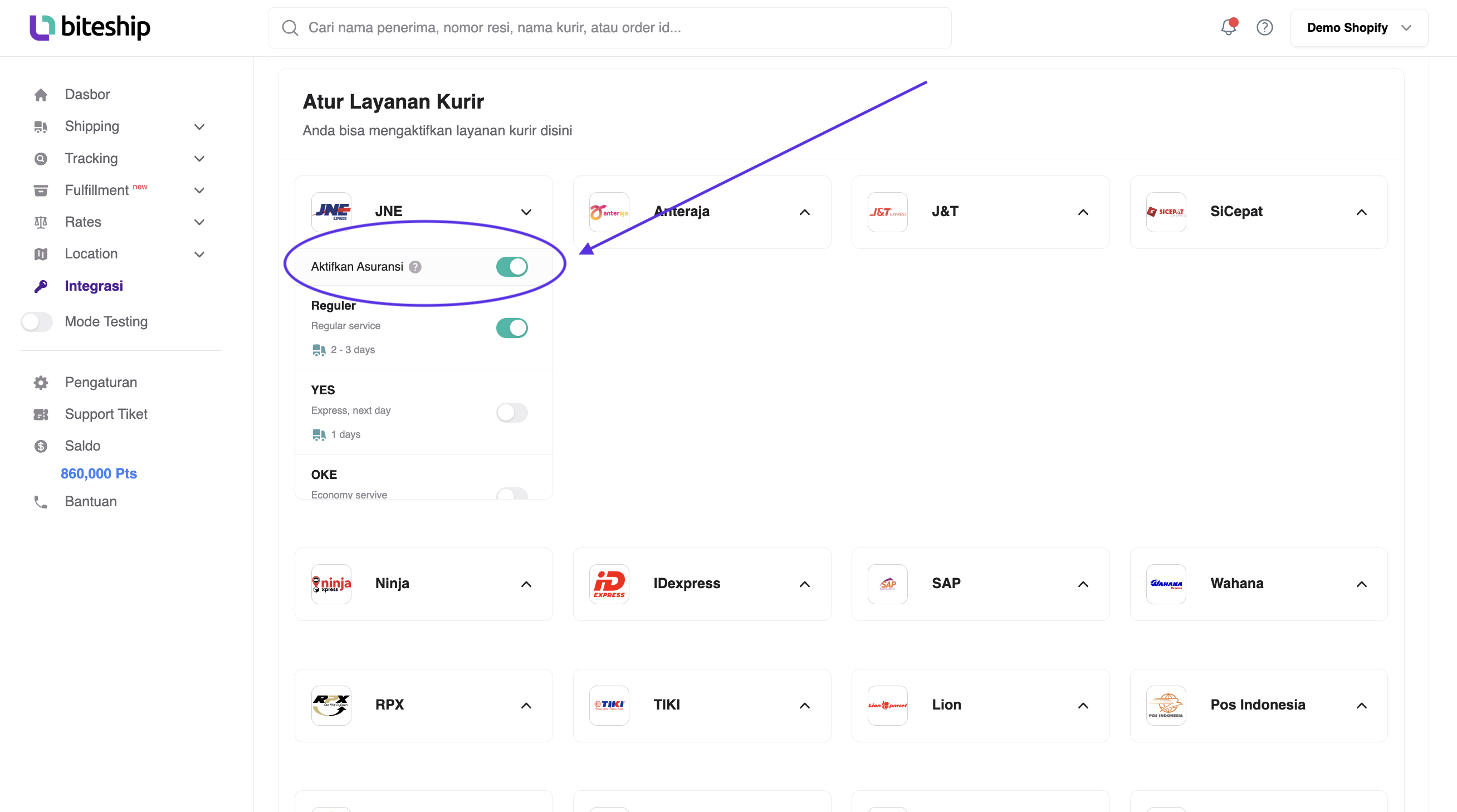 Konfigurasi Asuransi Kurir Shopify Biteship