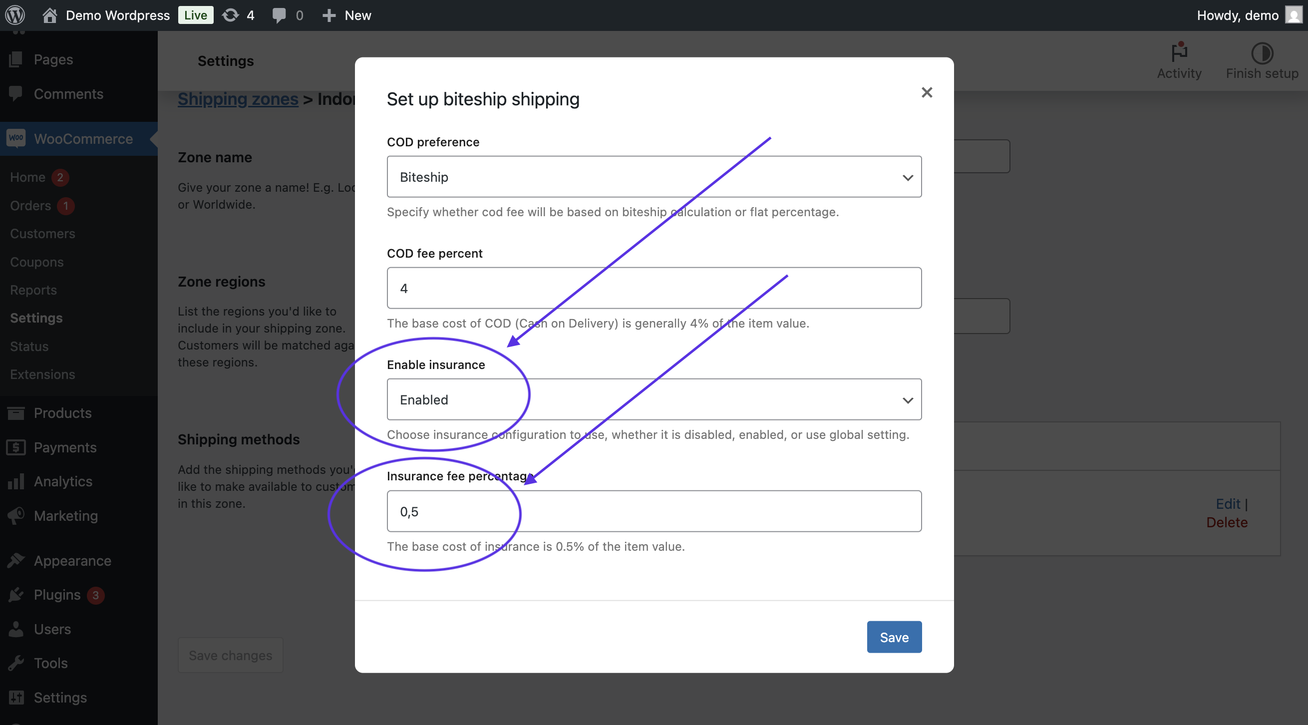 Konfigurasi asuransi WooCommerce Biteship
